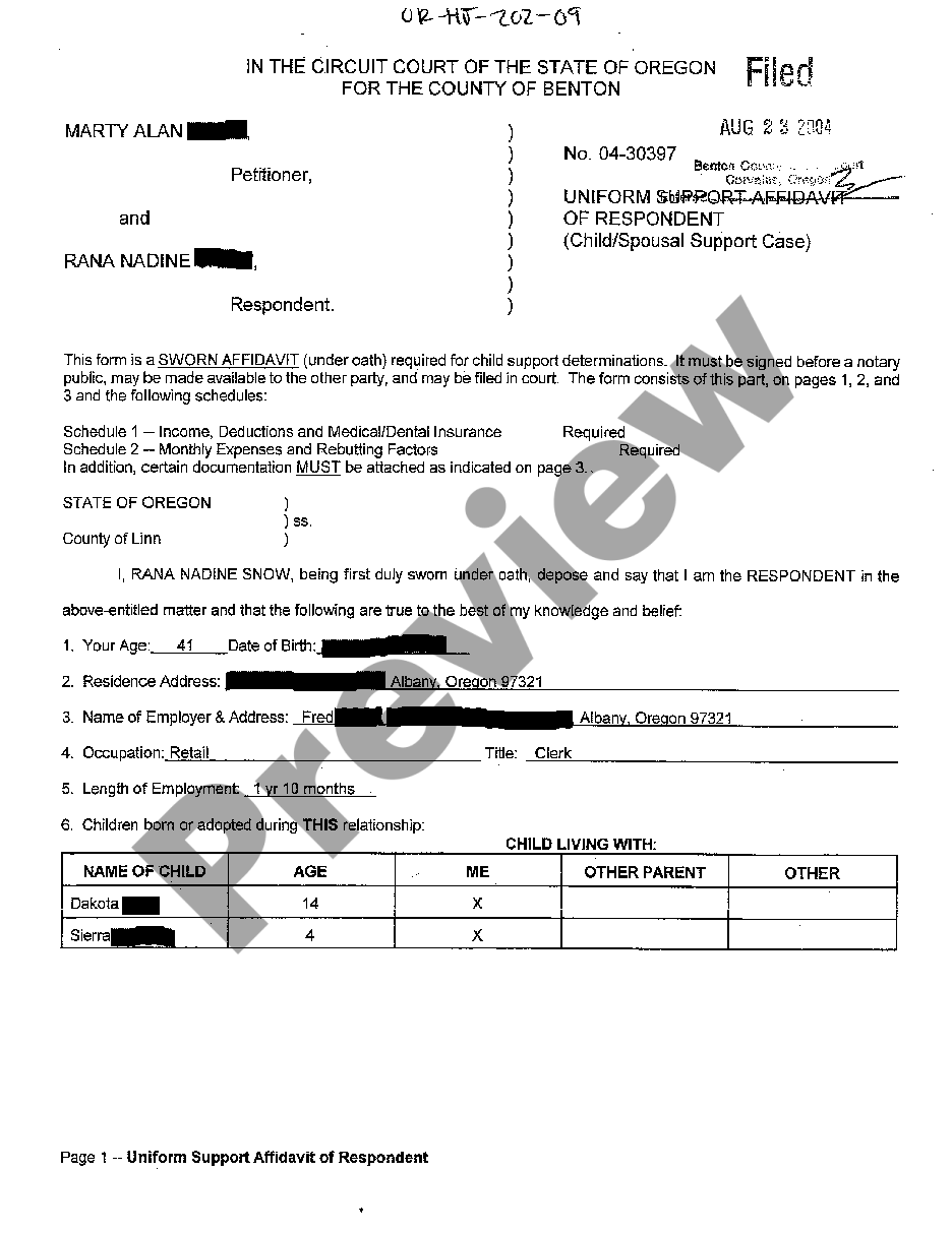 Oregon Uniform Support Affidavit of Respondent | US Legal Forms