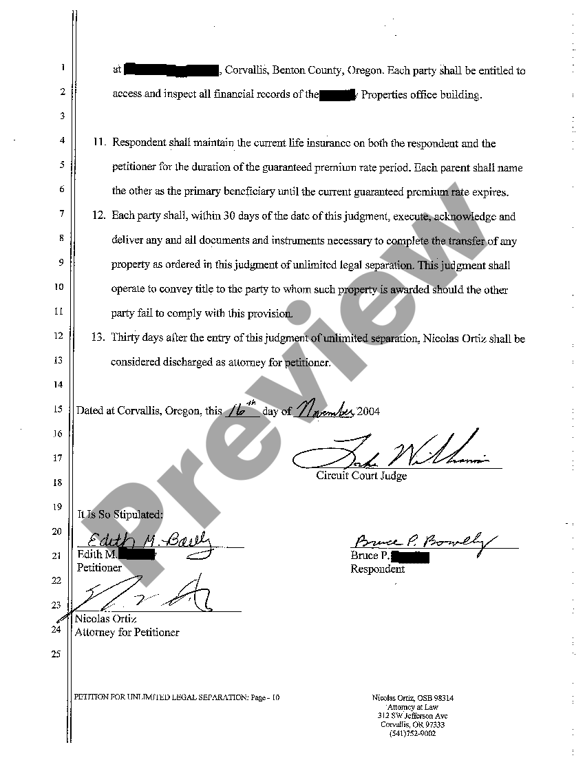 Oregon General Judgment for Unlimited Legal Separation US Legal Forms