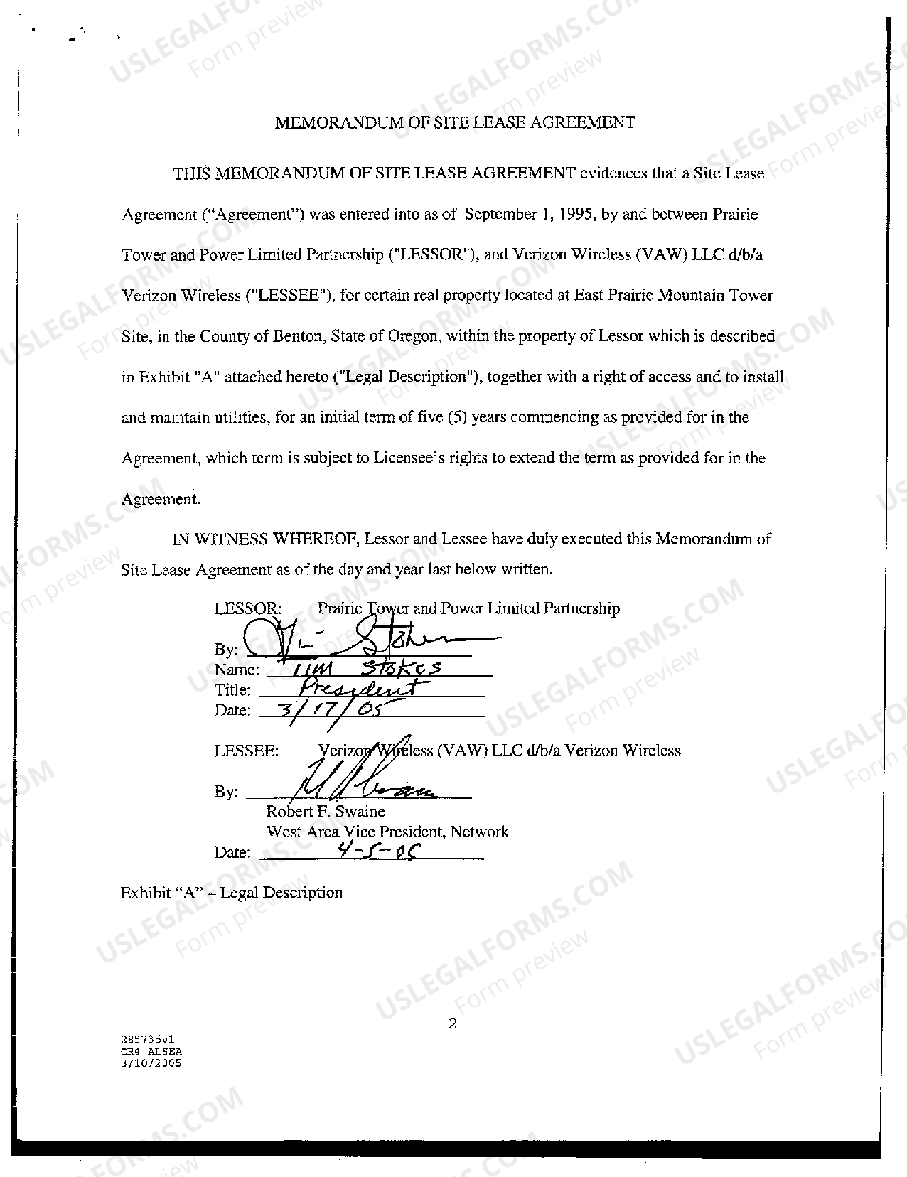 Bend Oregon Memorandum of Site Lease Agreement US Legal Forms