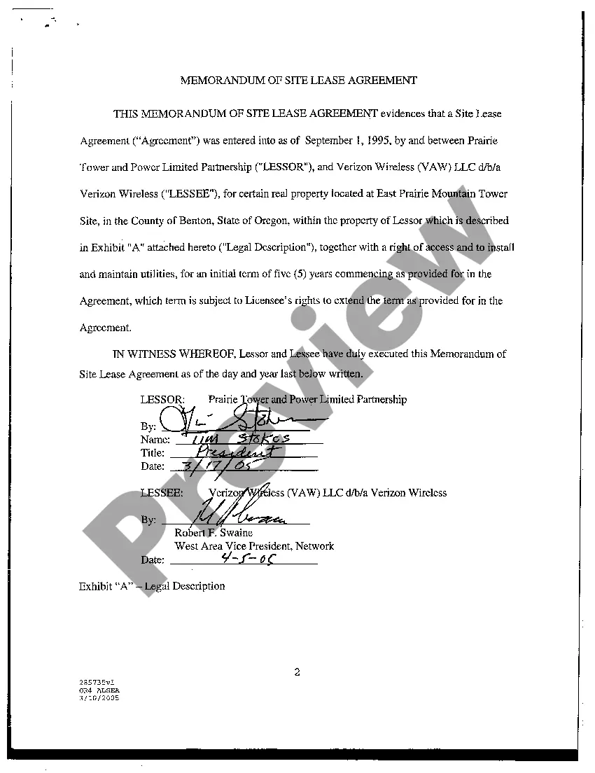 Preview Memorandum of Site Lease Agreement