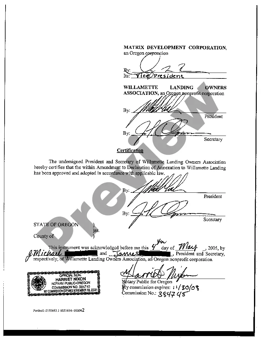 Preview Amendment to Declaration of Annexation to Willamette Landing