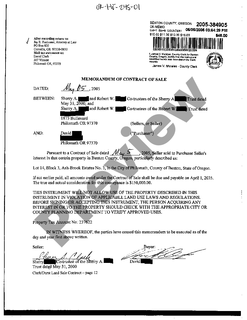 Eugene Oregon Memorandum of Contract of Sale of Real Estate Memorandum Of Sale Template US