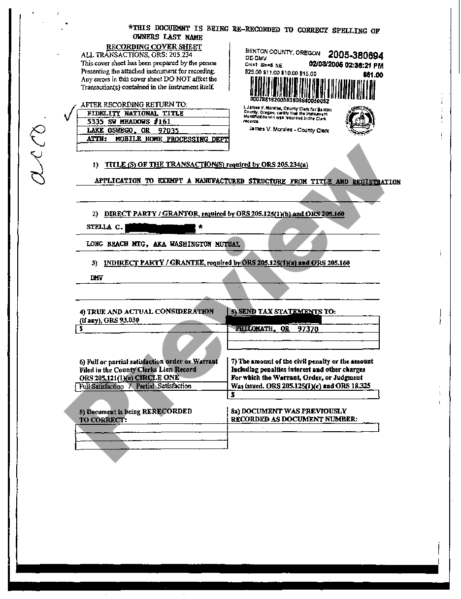 Hillsboro Oregon Recording Cover Sheet US Legal Forms