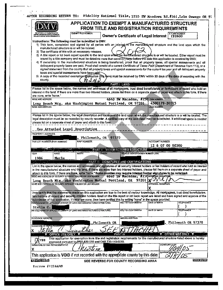 Get A01 Application to Exempt a Manufactured Structure From Title and Registration Requirements Preview A01 Application to Exempt a Manufactured Structure From Title and Registration Requirements