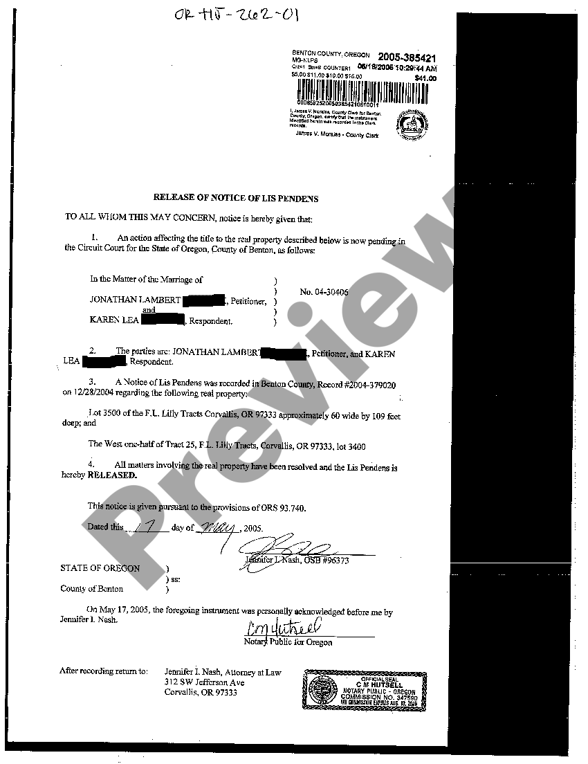 Oregon Release of Notice of Lis Pendens Motion To Expunge Lis Pendens