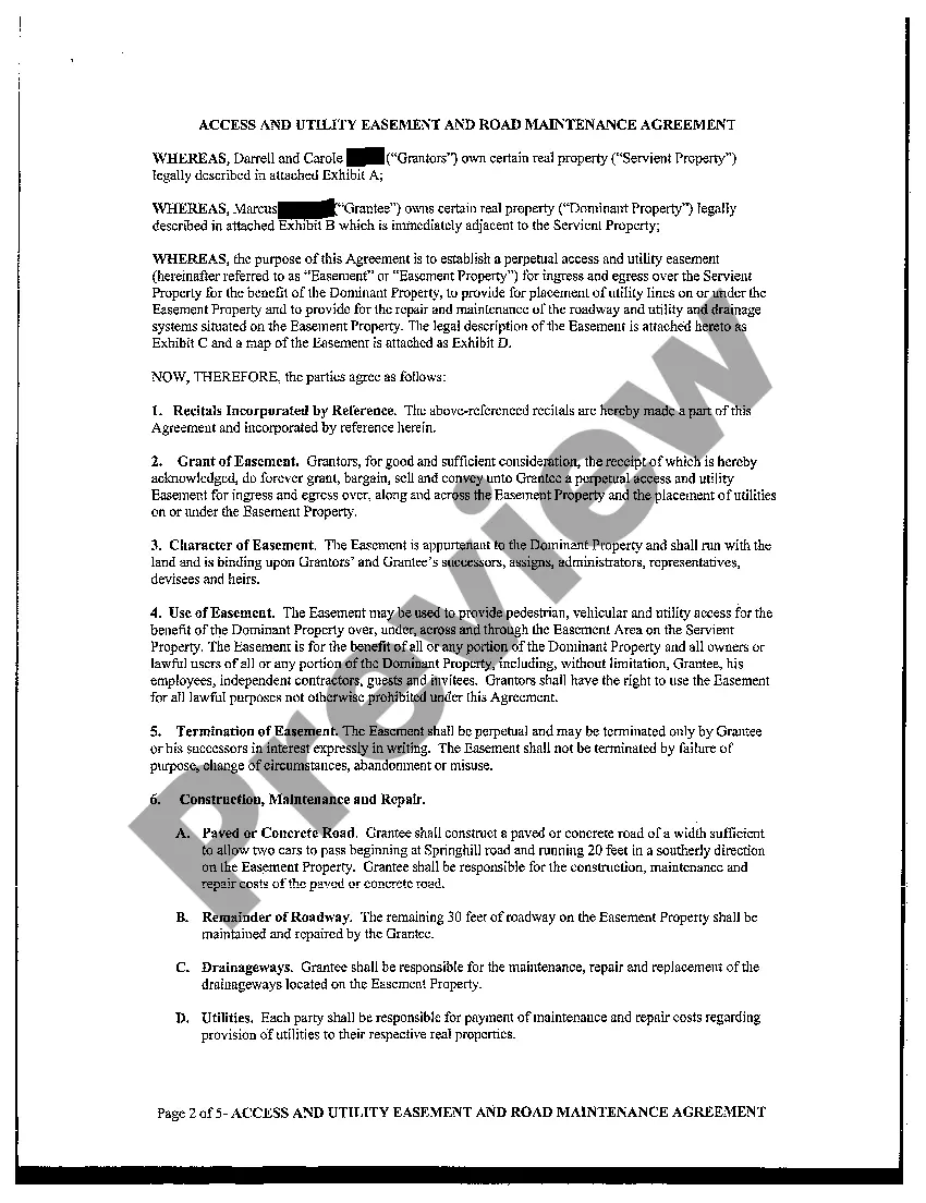 Get Access and Utility Easement and Road Maintenance Agreement Preview Access and Utility Easement and Road Maintenance Agreement