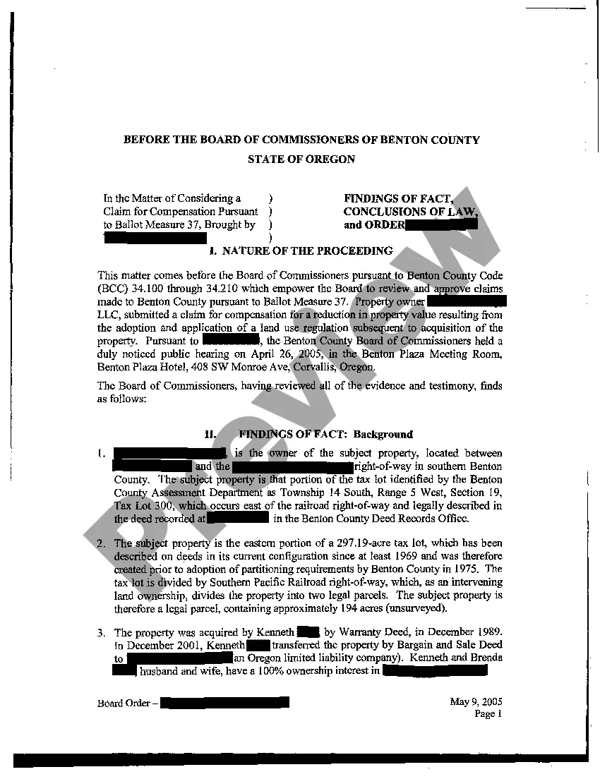 Preview Findings of Fact, Conclusions of Law, and an Order - Compensation Claim