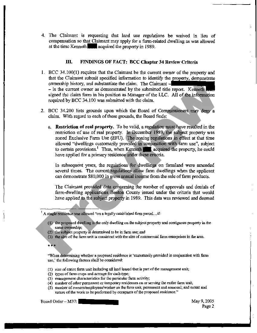 Preview Findings of Fact, Conclusions of Law, and an Order - Compensation Claim