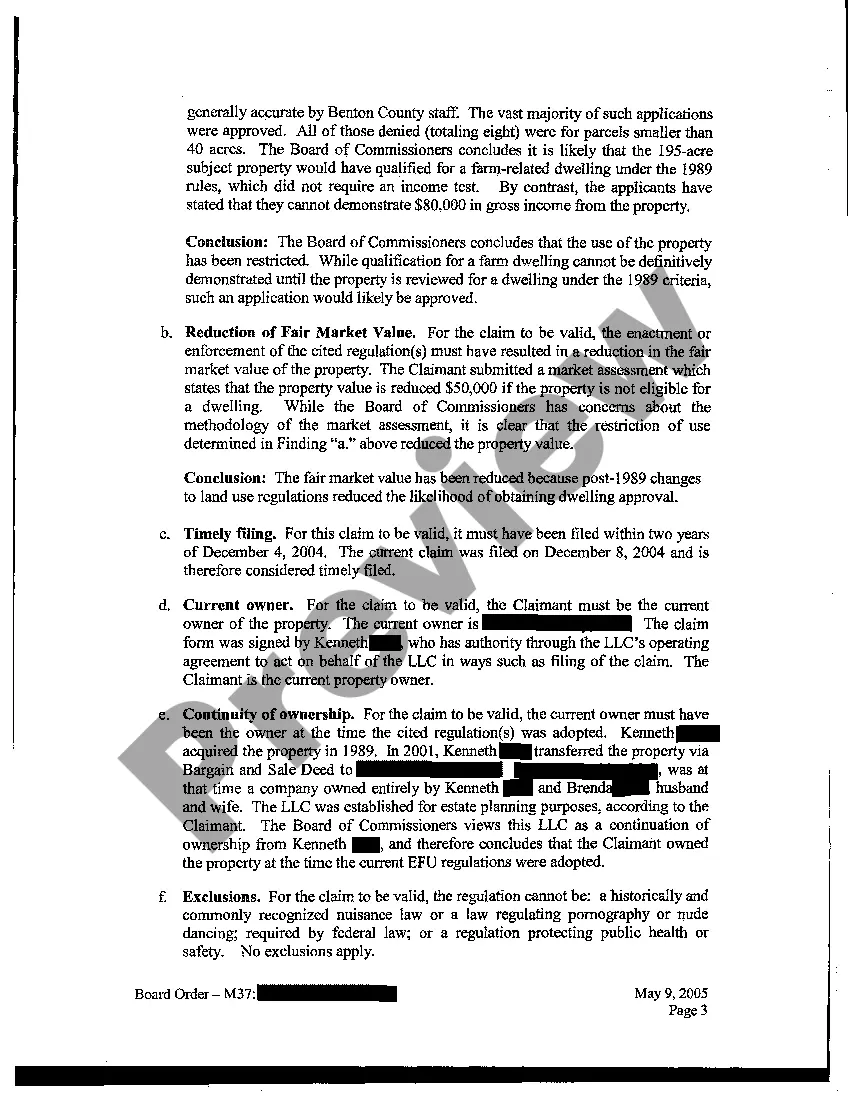 Preview Findings of Fact, Conclusions of Law, and an Order - Compensation Claim