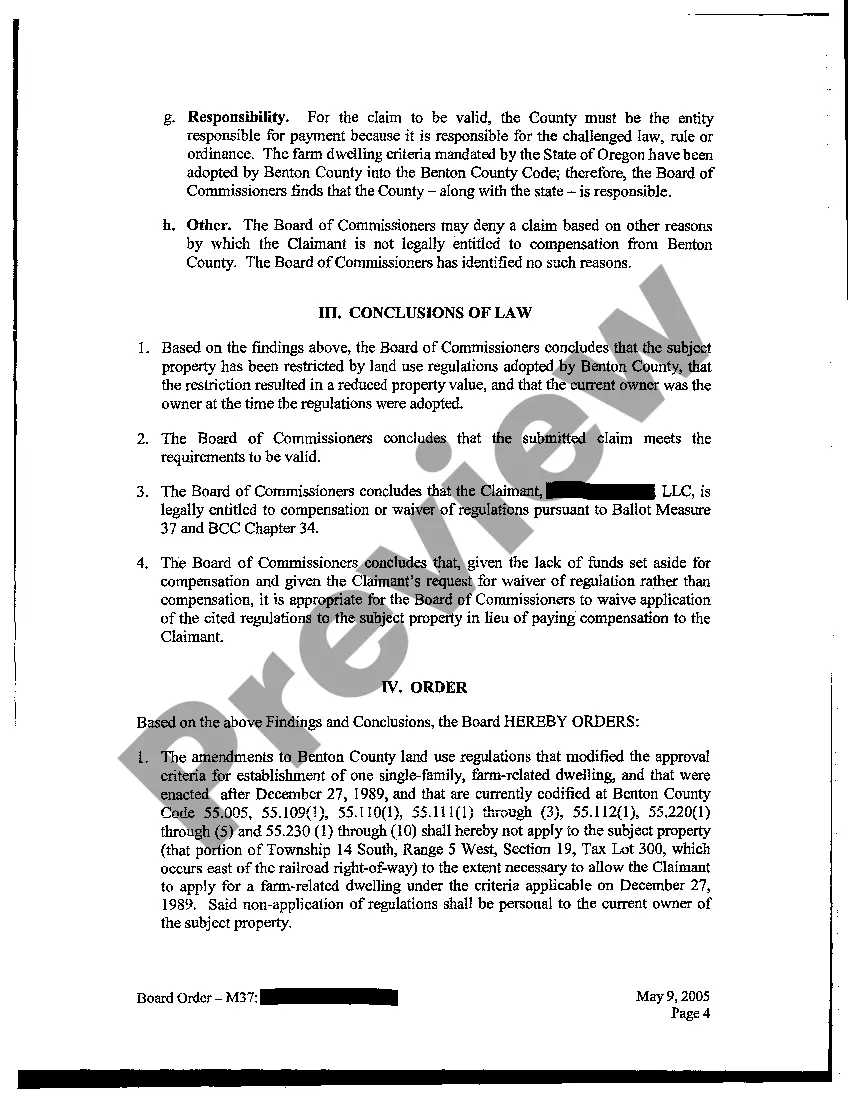 Preview Findings of Fact, Conclusions of Law, and an Order - Compensation Claim