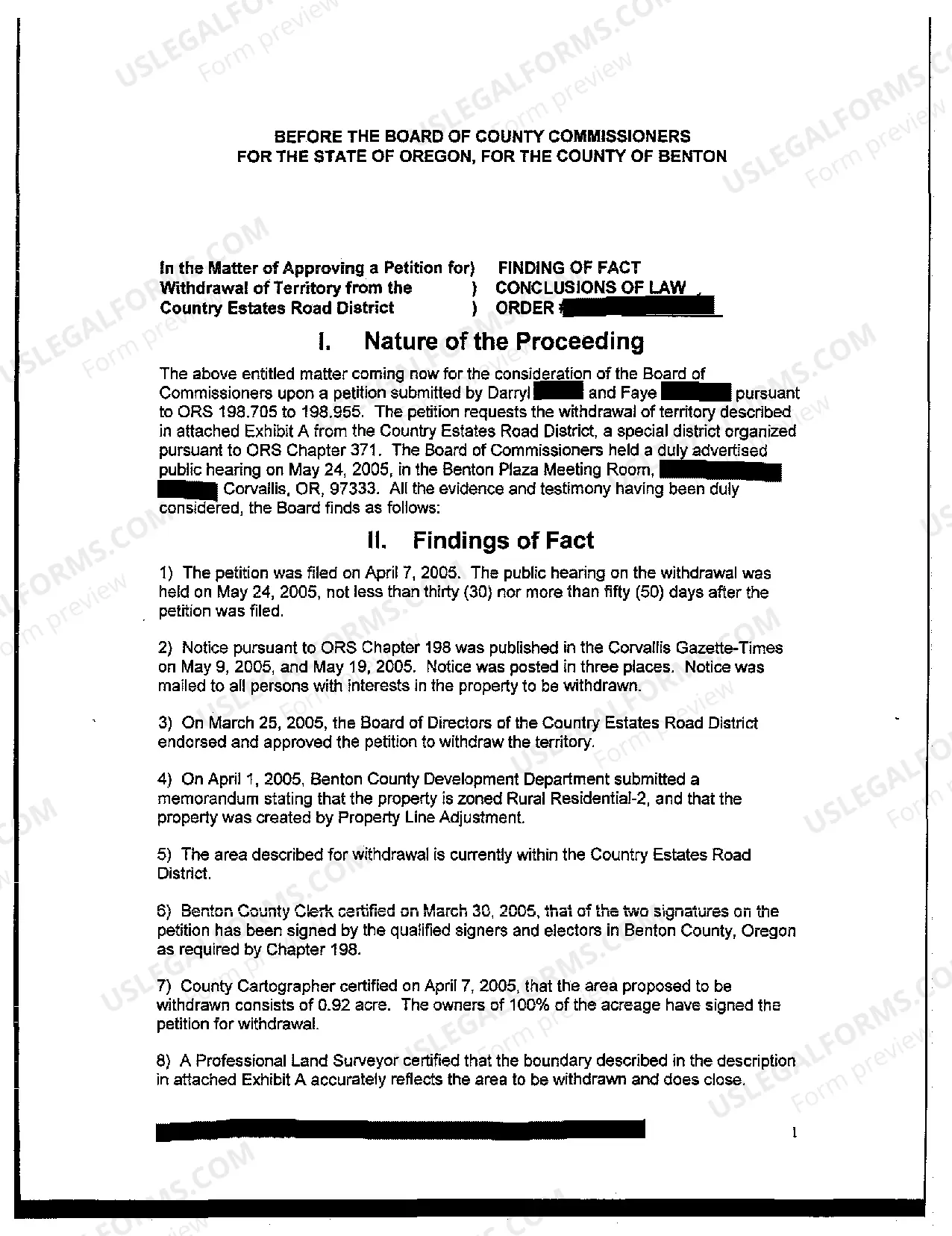 Preview Findings of Fact, Conclusions of Law, and an Order - Withdrawal of Territory