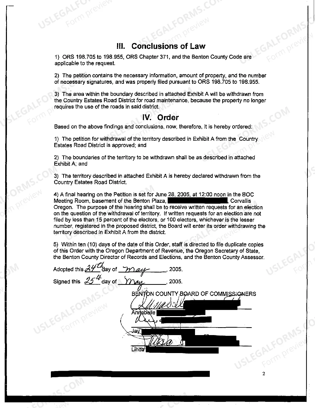 Preview Findings of Fact, Conclusions of Law, and an Order - Withdrawal of Territory