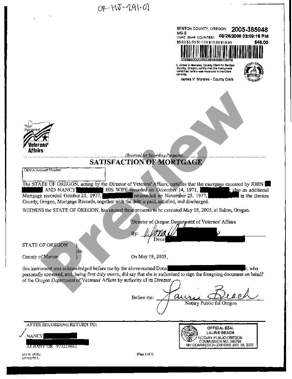 Oregon sample satisfaction of mortgage us legal forms
