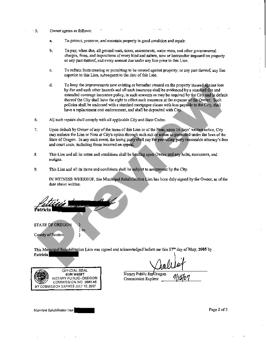Get Municipal Rehabilitation Lien Preview Municipal Rehabilitation Lien