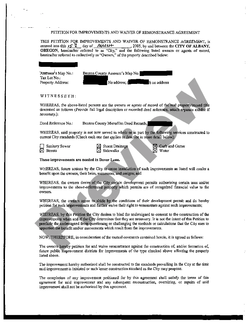 Preview Petition for Improvements and Waiver of Remonstrance Agreement