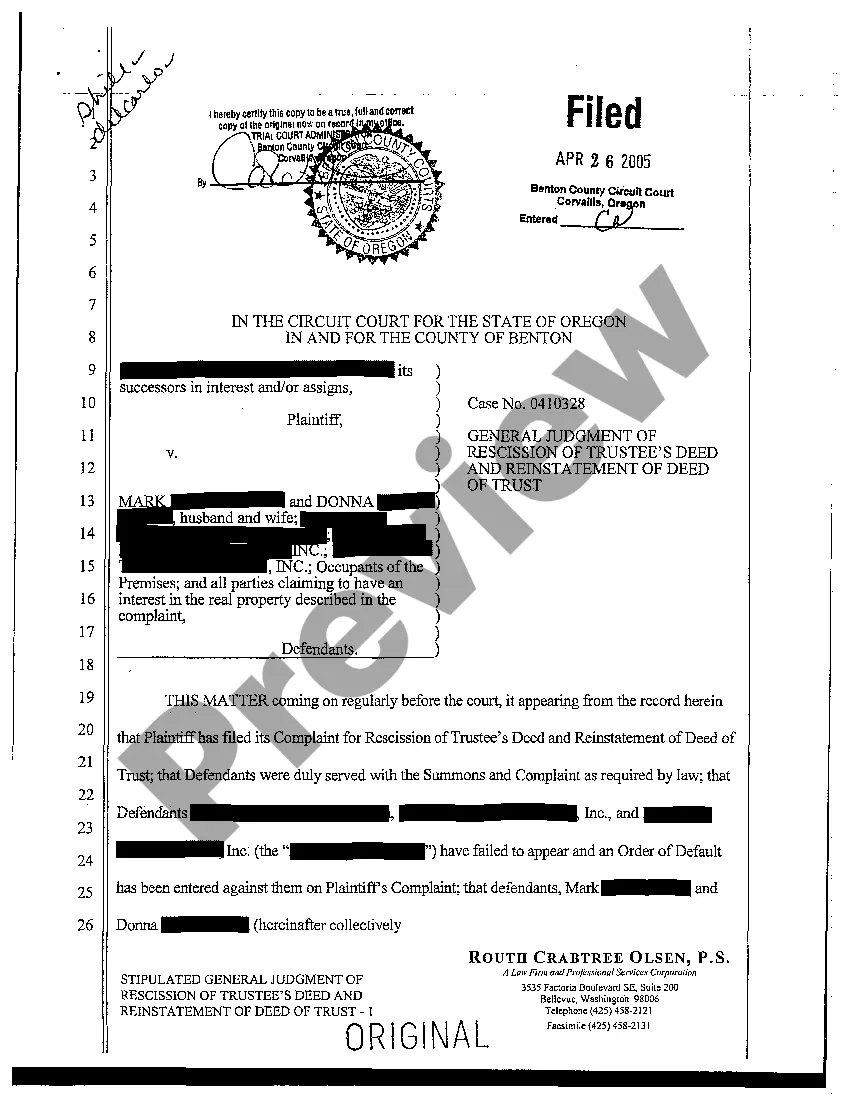 Get General Judgment of Rescission of Trustee's Deed and Reinstatement of Deed of Trust Preview General Judgment of Rescission of Trustee's Deed and Reinstatement of Deed of Trust