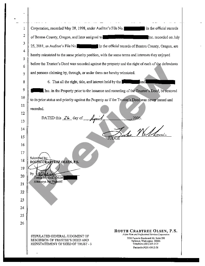 Get General Judgment of Rescission of Trustee's Deed and Reinstatement of Deed of Trust Preview General Judgment of Rescission of Trustee's Deed and Reinstatement of Deed of Trust
