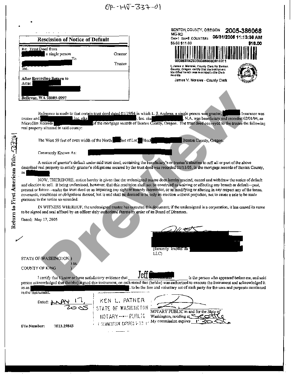 Bend Oregon Rescission of Notice of Default | US Legal Forms