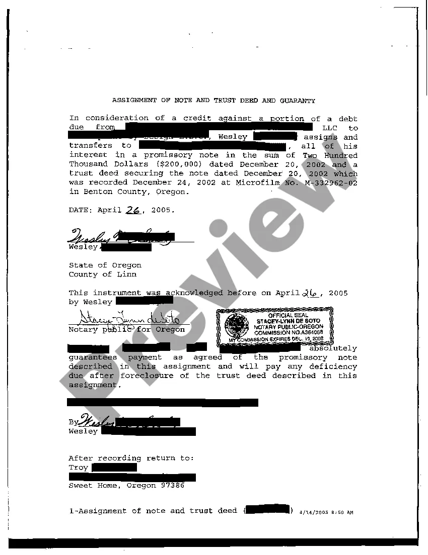 Preview Assignment of Notice and Trust Deed and Guaranty