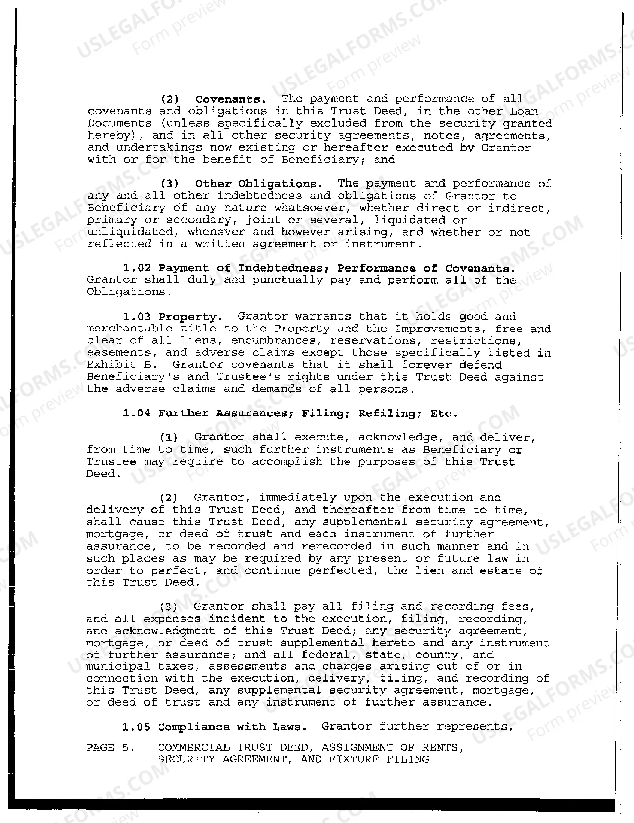 Preview Commercial Trust Deed, Assignment of Rents, Security Agreement, And Fixture Filing