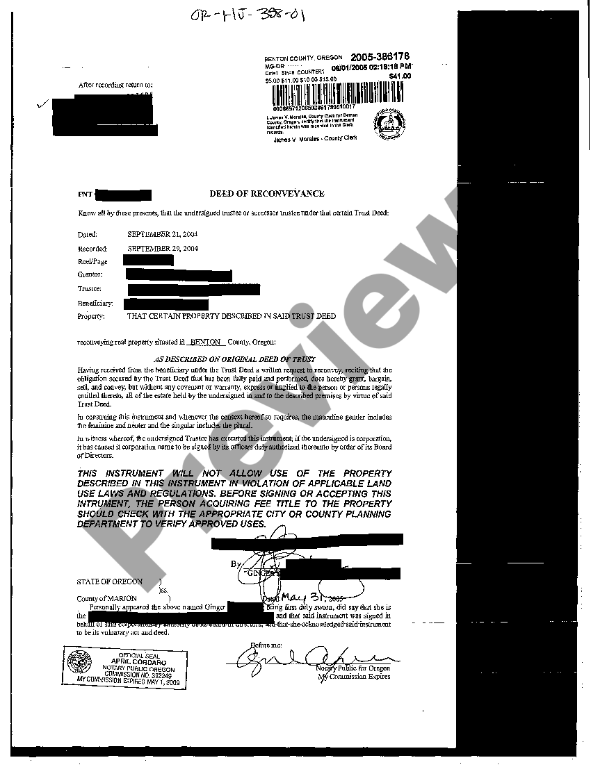 Oregon Deed of Reconveyance Deed Of Reconveyance Form US Legal Forms