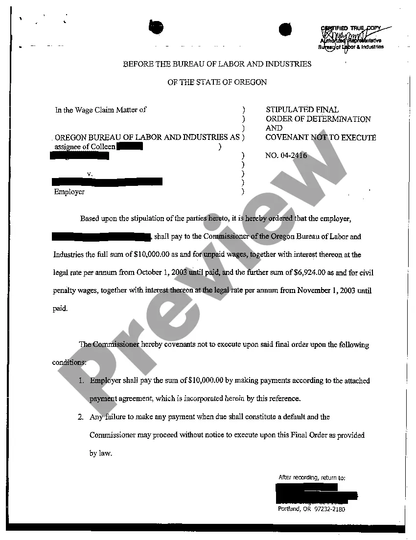 Preview Stipulated Final Order of Determination and Covenant not to Execute