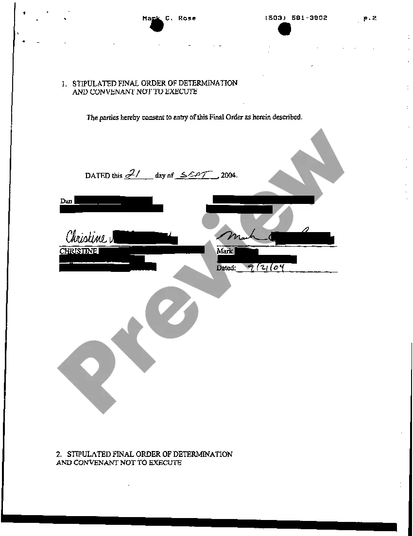 Preview Stipulated Final Order of Determination and Covenant not to Execute