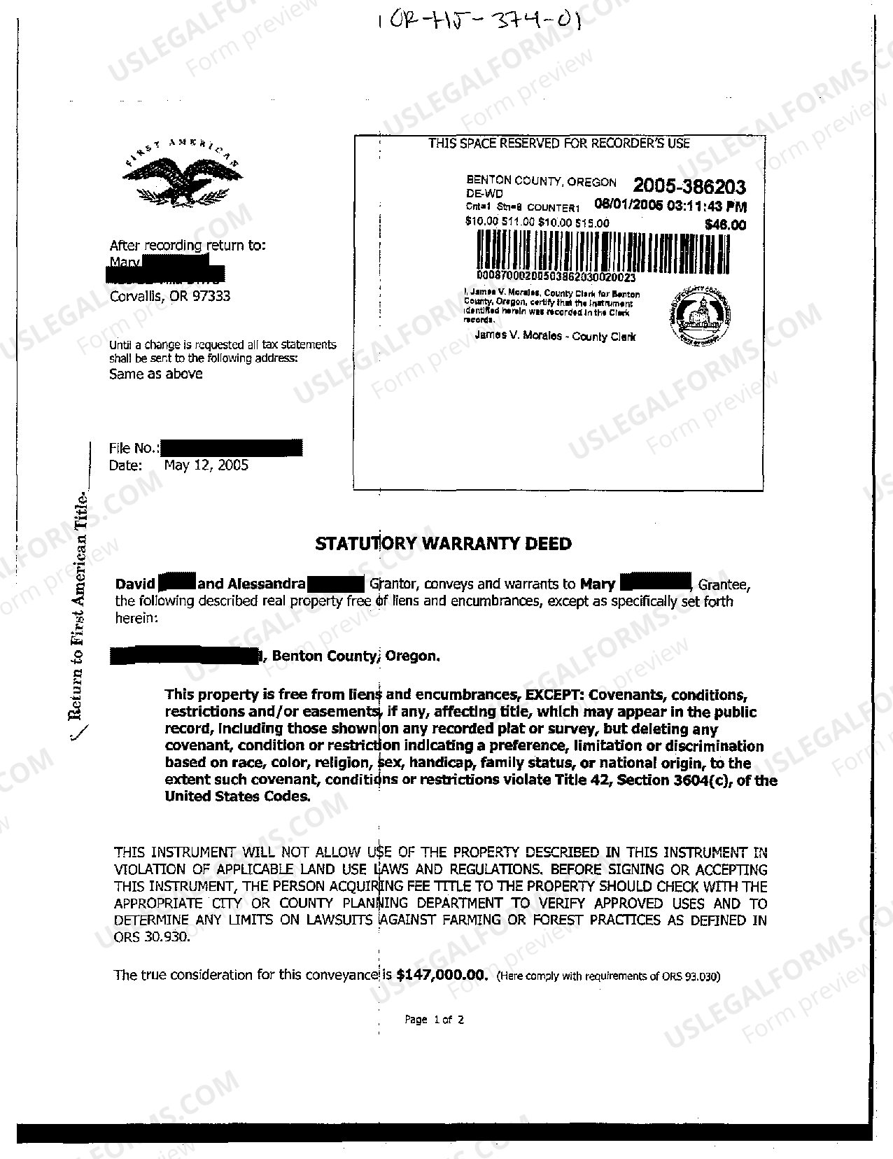 Oregon Statutory Warranty Deed Oregon Statutory Warranty Deed US