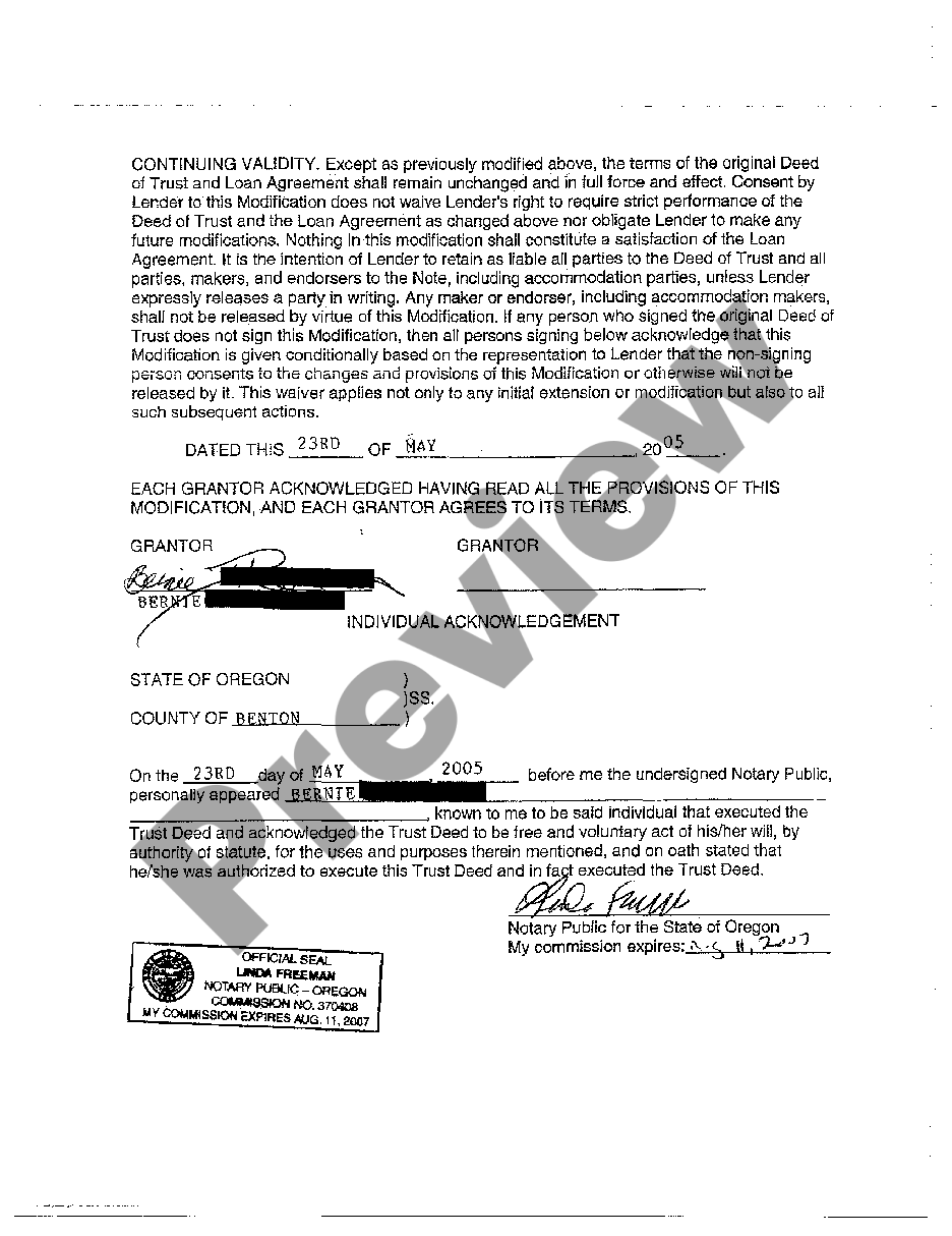 Oregon Trust Deed Change or Modification Agreement - Deed Of Trust ...