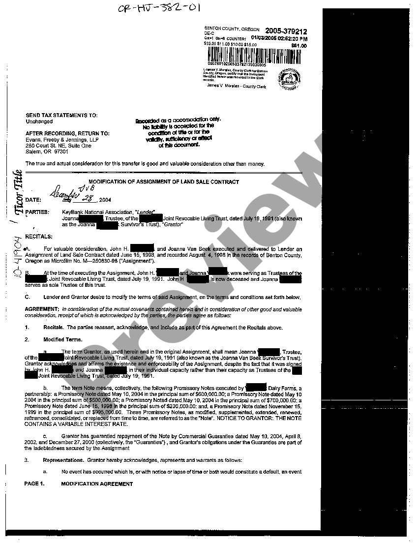 Oregon Modification of Assignment of Land Sale Contract US Legal Forms