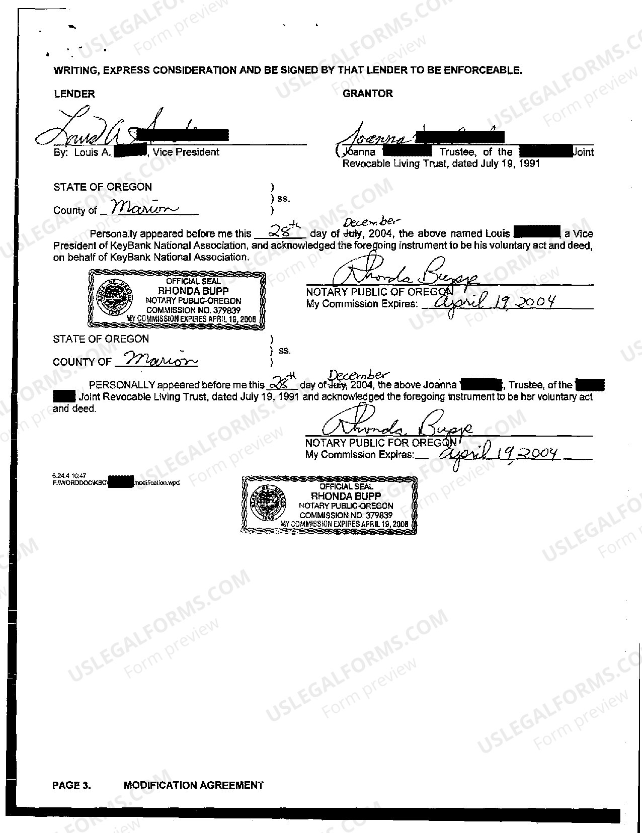 Portland Oregon Modification of Assignment of Land Sale Contract US