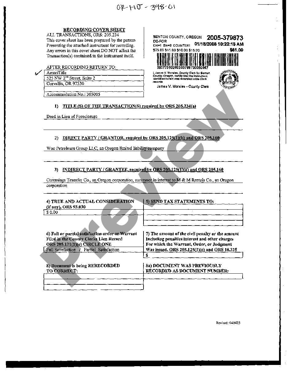 Oregon Recording Cover Sheet Us Legal Forms 9212