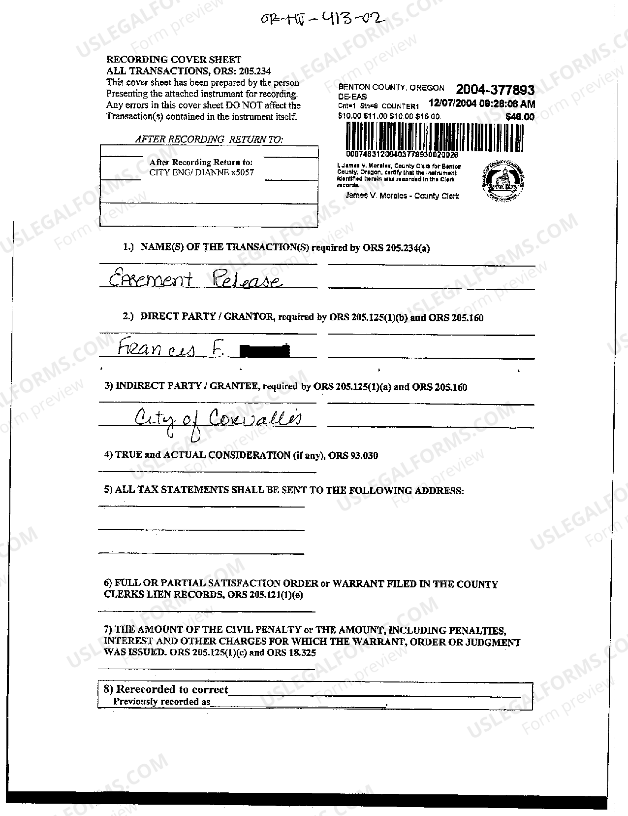 Gresham Oregon Recording Cover Sheet US Legal Forms