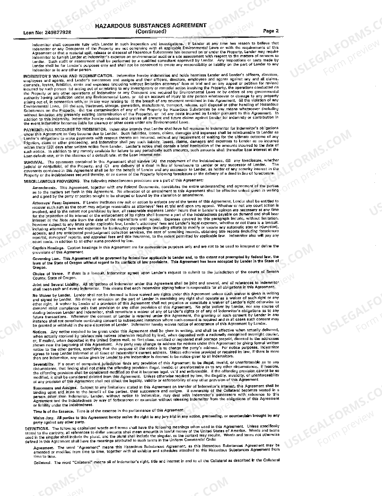 Gresham Oregon Hazardous Substances Certificate and Indemnity Agreement