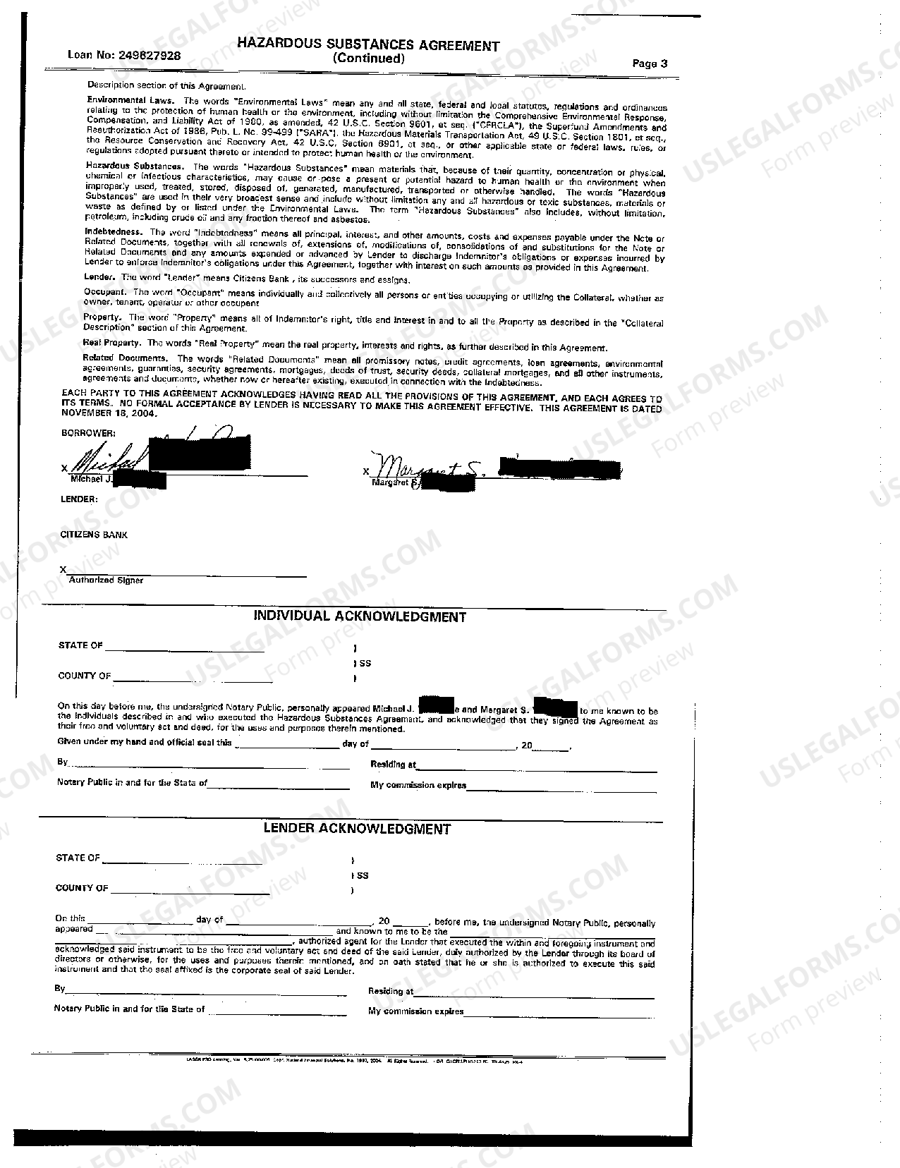 Gresham Oregon Hazardous Substances Certificate and Indemnity Agreement