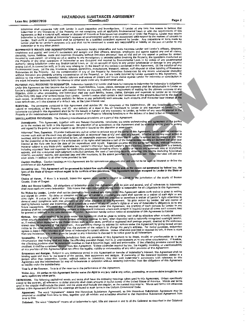 Preview Hazardous Substances Certificate and Indemnity Agreement