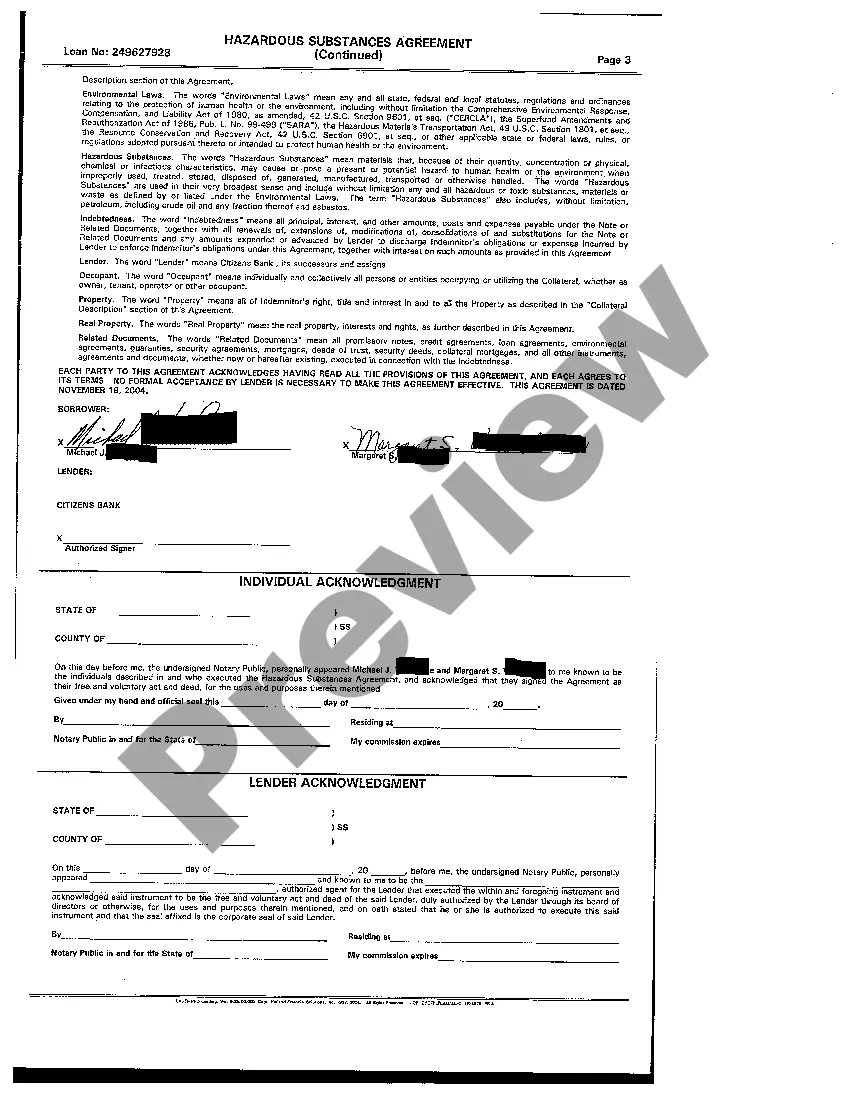 Preview Hazardous Substances Certificate and Indemnity Agreement