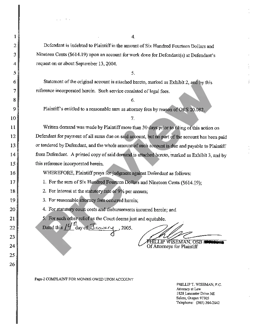 Preview A01 Complaint for Monies Owed Upon Account