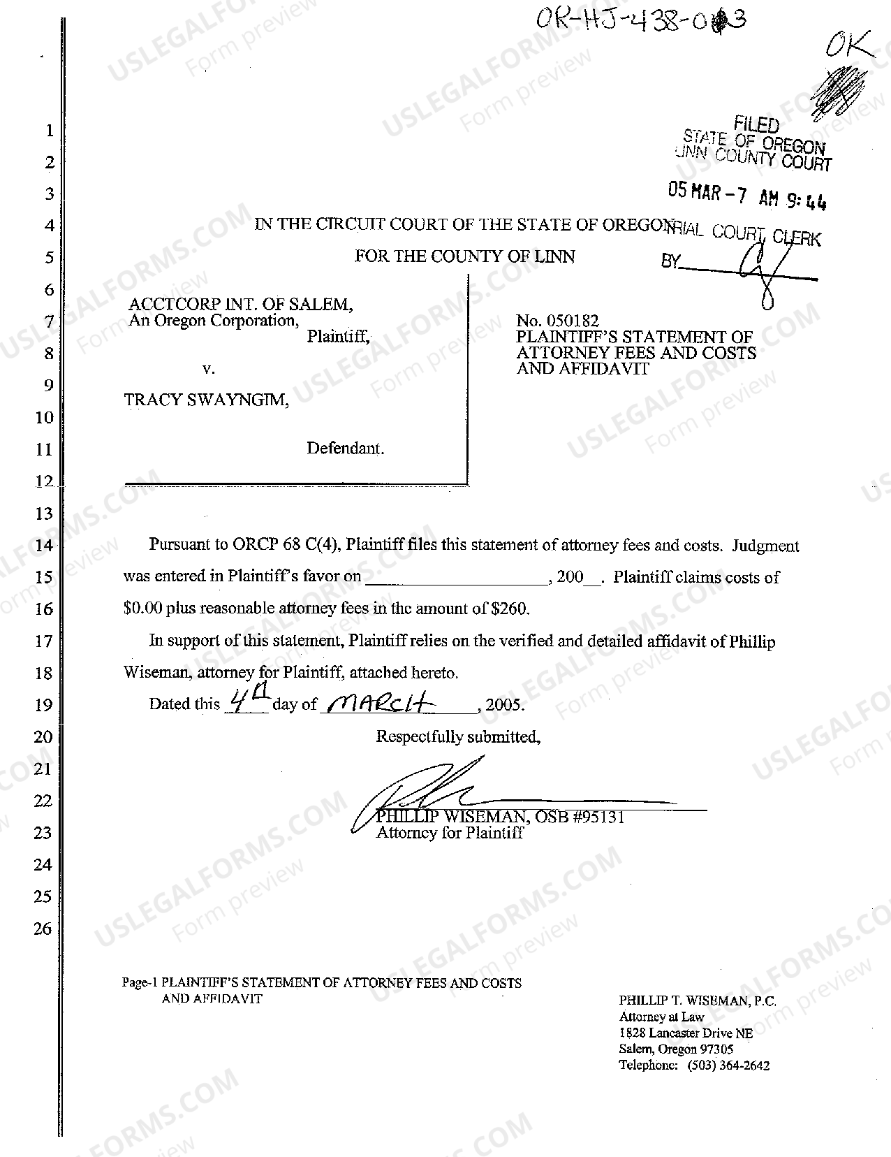 Eugene Oregon Plaintiff's Statement of Attorney's Fees and Costs and