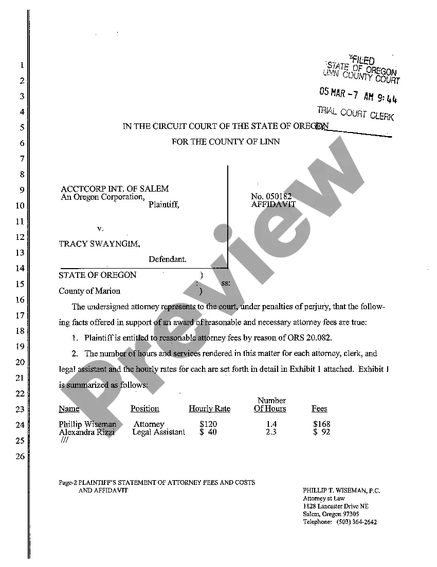 Preview A03 Plaintiff's Statement of Attorney's Fees and Costs and Affidavit