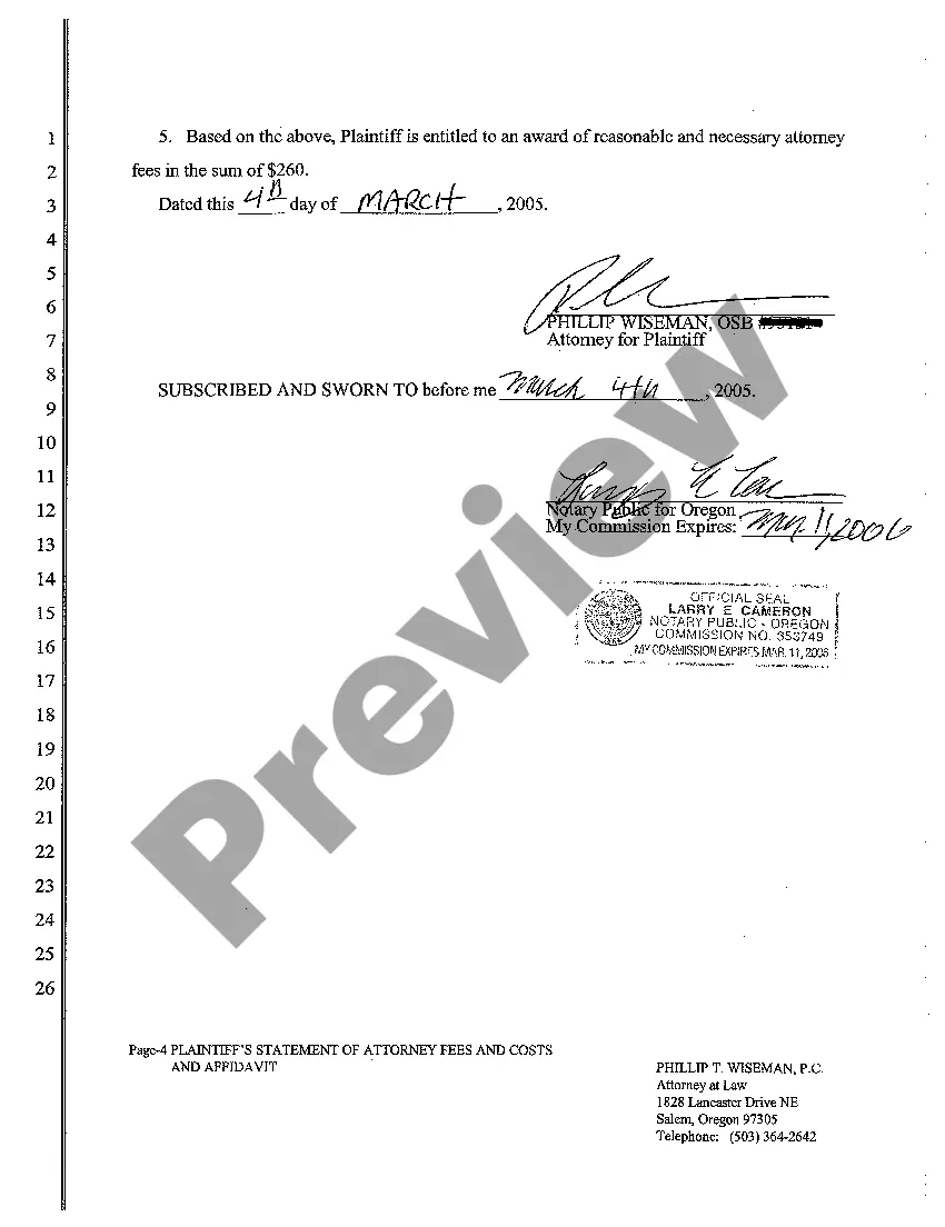 Preview A03 Plaintiff's Statement of Attorney's Fees and Costs and Affidavit