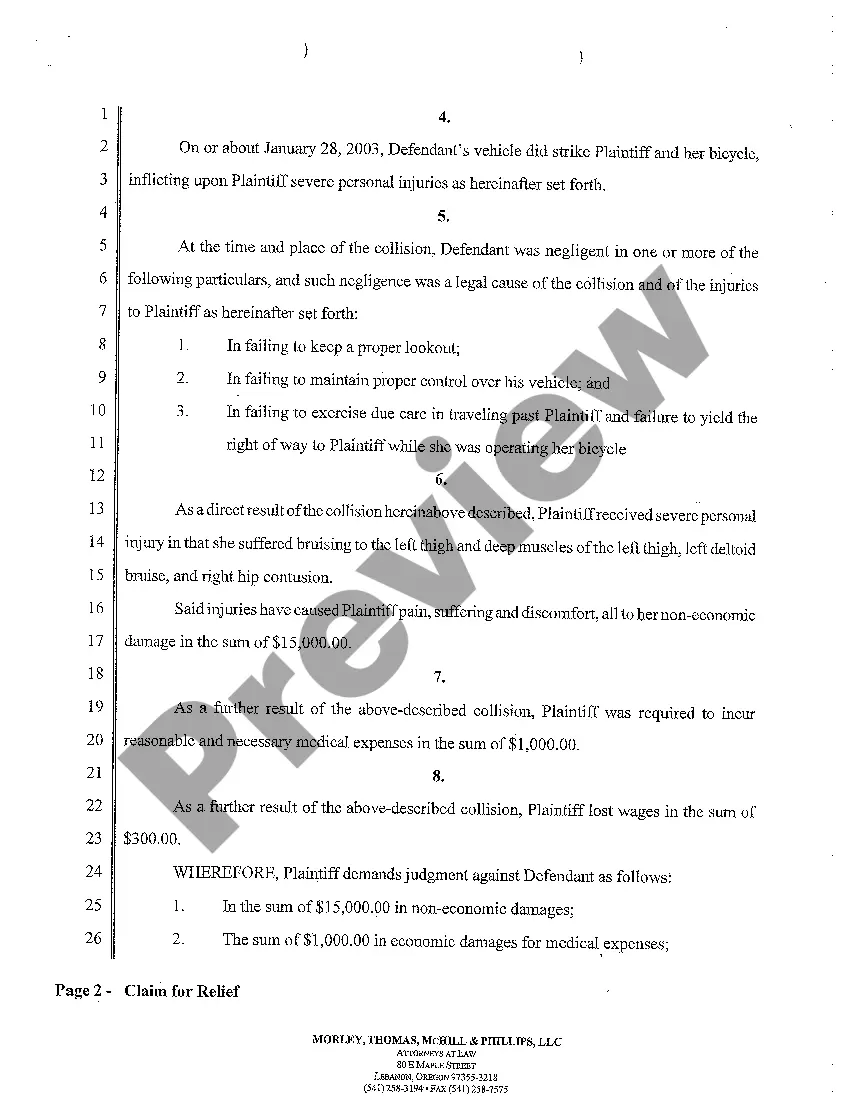 Preview A01 Claim For Relief - Negligence Resulting in Automobile Accident