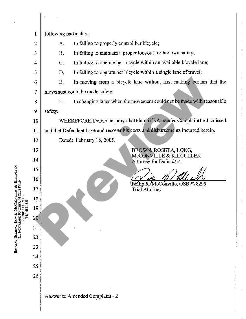 Preview A03 Answer To Amended Complaint of Negligence