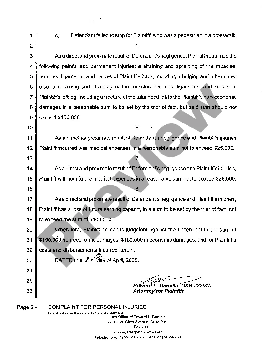 Get Complaint for Personal Injuries Due to Negligence Resulting in Automobile Accident Preview Complaint for Personal Injuries Due to Negligence Resulting in Automobile Accident