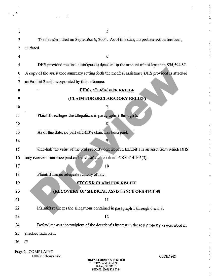 Preview Complaint - Claim for Declaratory Relief and Damages - Recovery of Medical Assistance Pursuant ORS 414.105