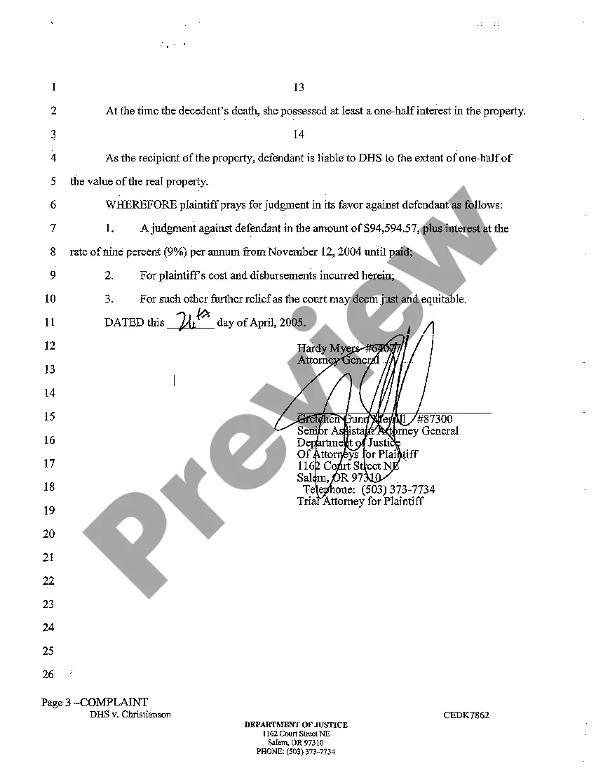 Preview Complaint - Claim for Declaratory Relief and Damages - Recovery of Medical Assistance Pursuant ORS 414.105