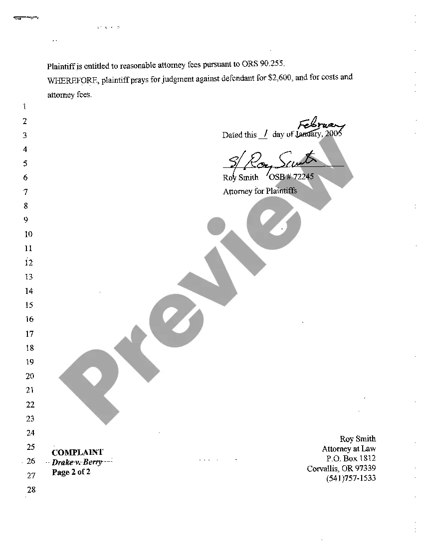 Preview A01 Complaint for Violations of the Landlord Tenant Act - Withholding Tenant's Security Deposit