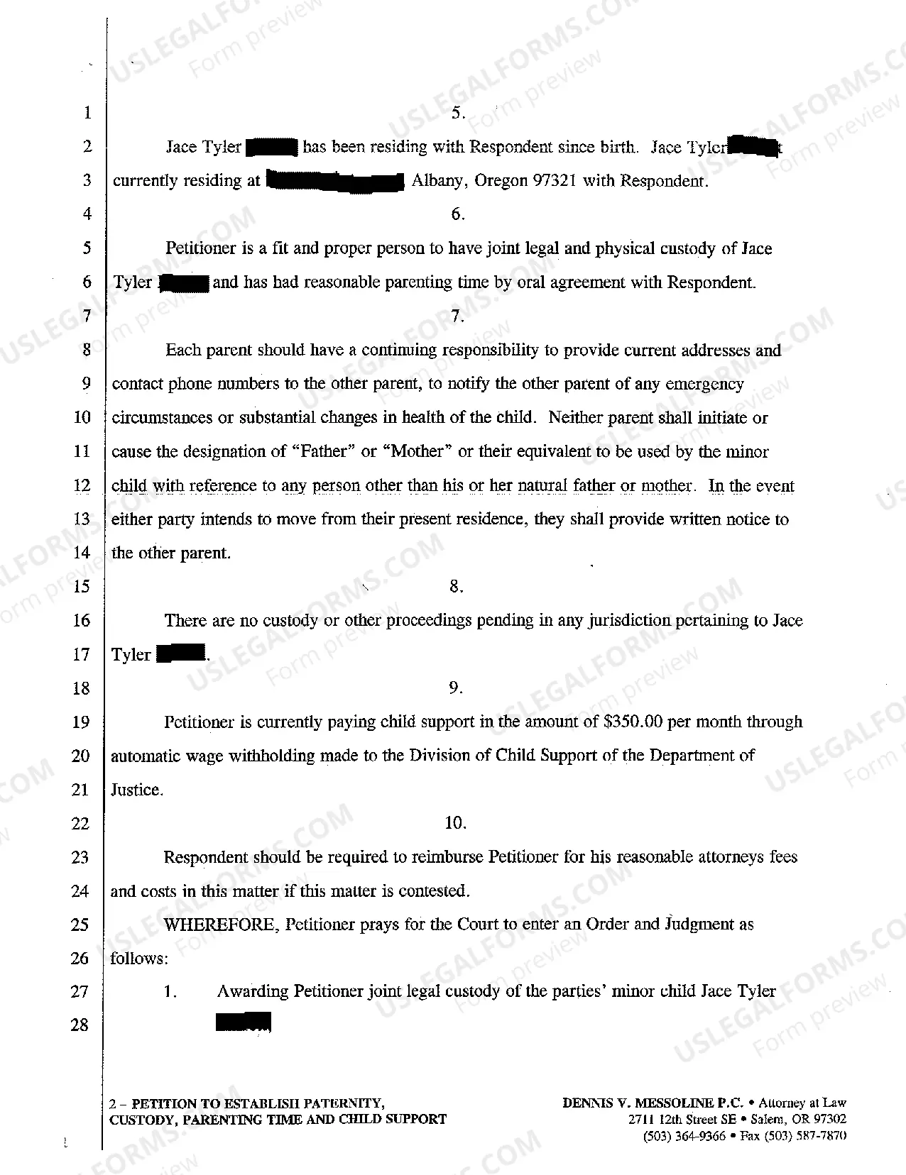 Preview A01 Petition To Establish Paternity, Custody, Parenting Time and Child Support