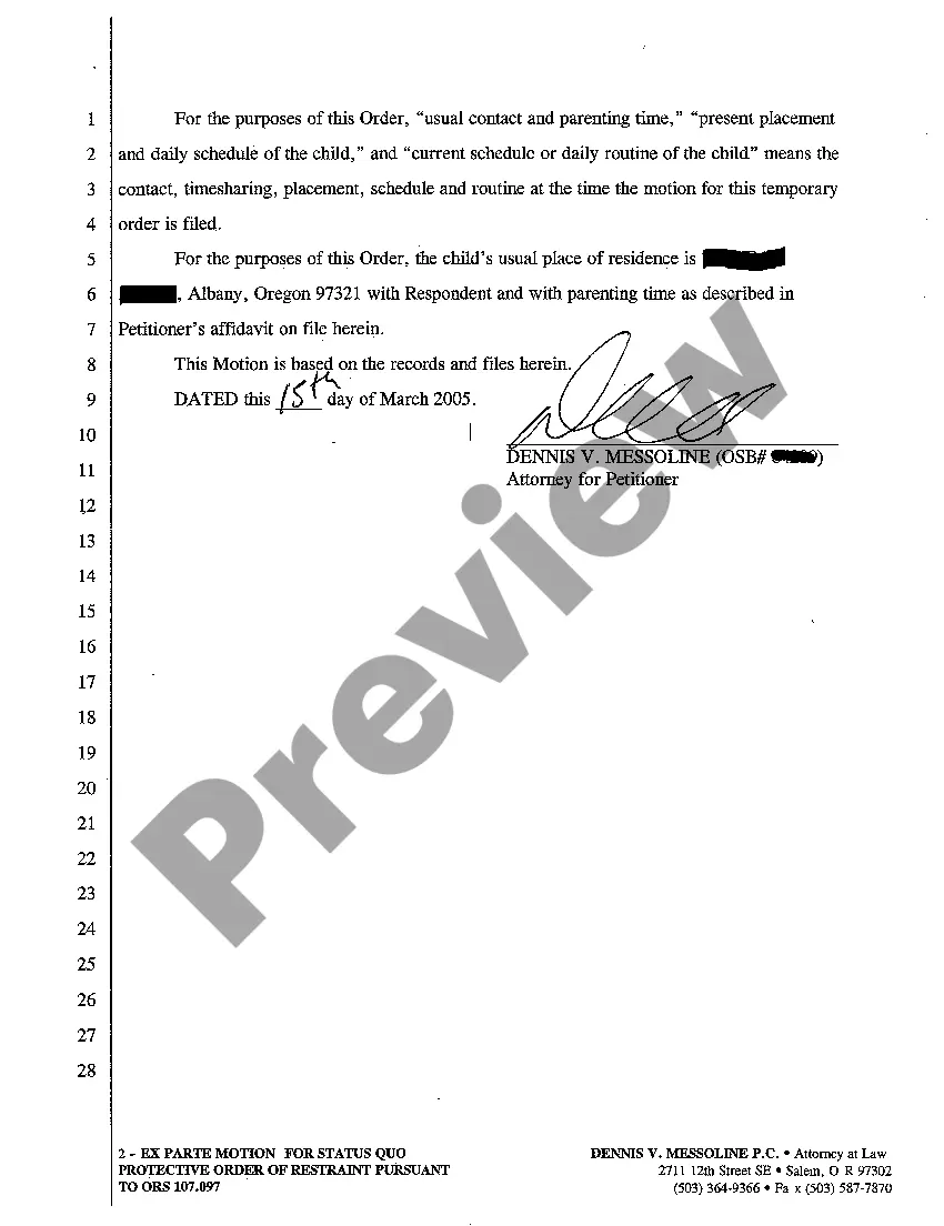 Preview A02 Ex Parte Motion for Status Quo Protective Order of Restraint