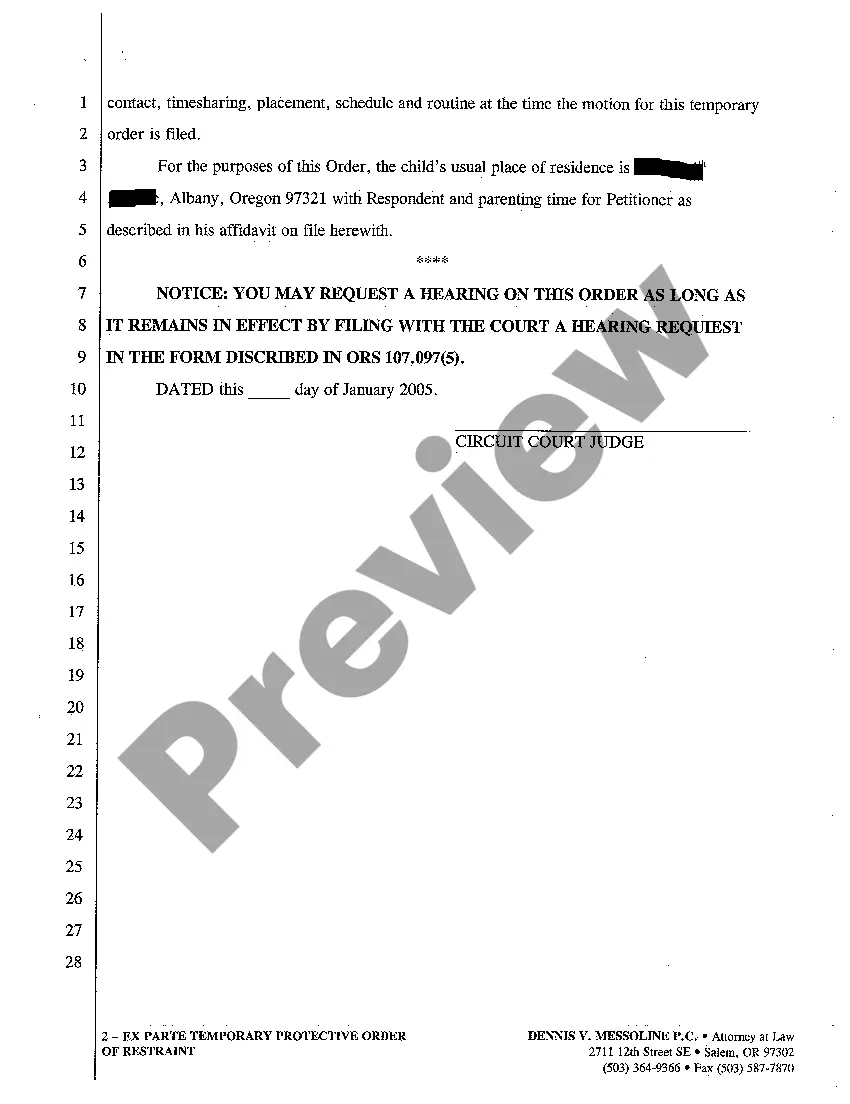 Preview A03 Ex Parte Temporary Protective Order of Restraint
